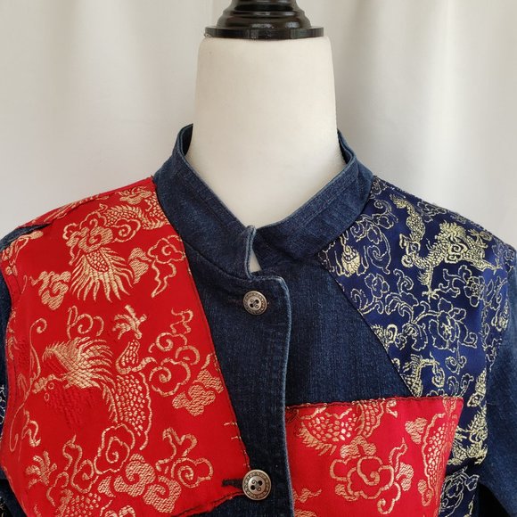 Nygard Sport Asian streetwear Stretch denim with satin patches Jacket Bohemian - Picture 2 of 10